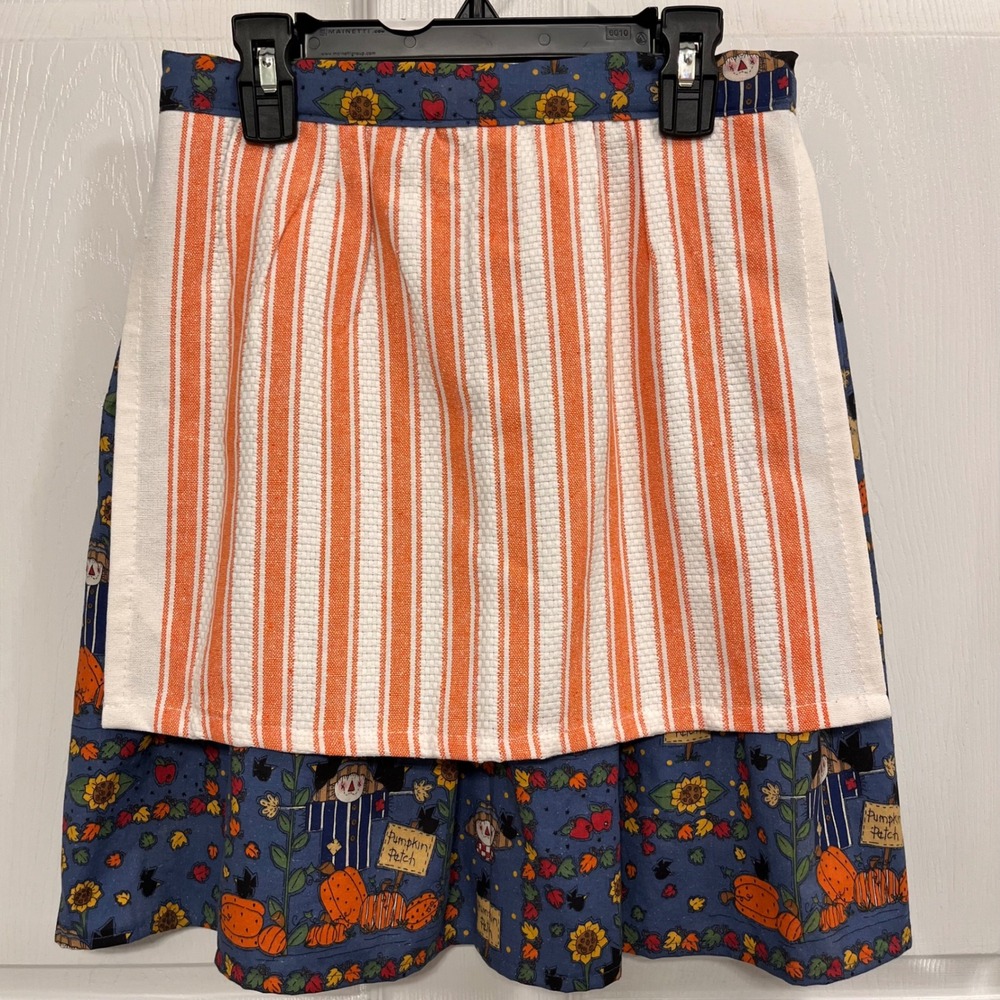Handmade Fall Pumpkin Patch Scarecrow Half Apron Blue Orange Striped XS-L